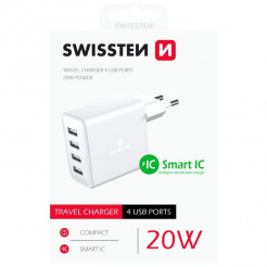  SWISSTEN síťový adaptér 4x USB, 20W, SMART IC - white 
