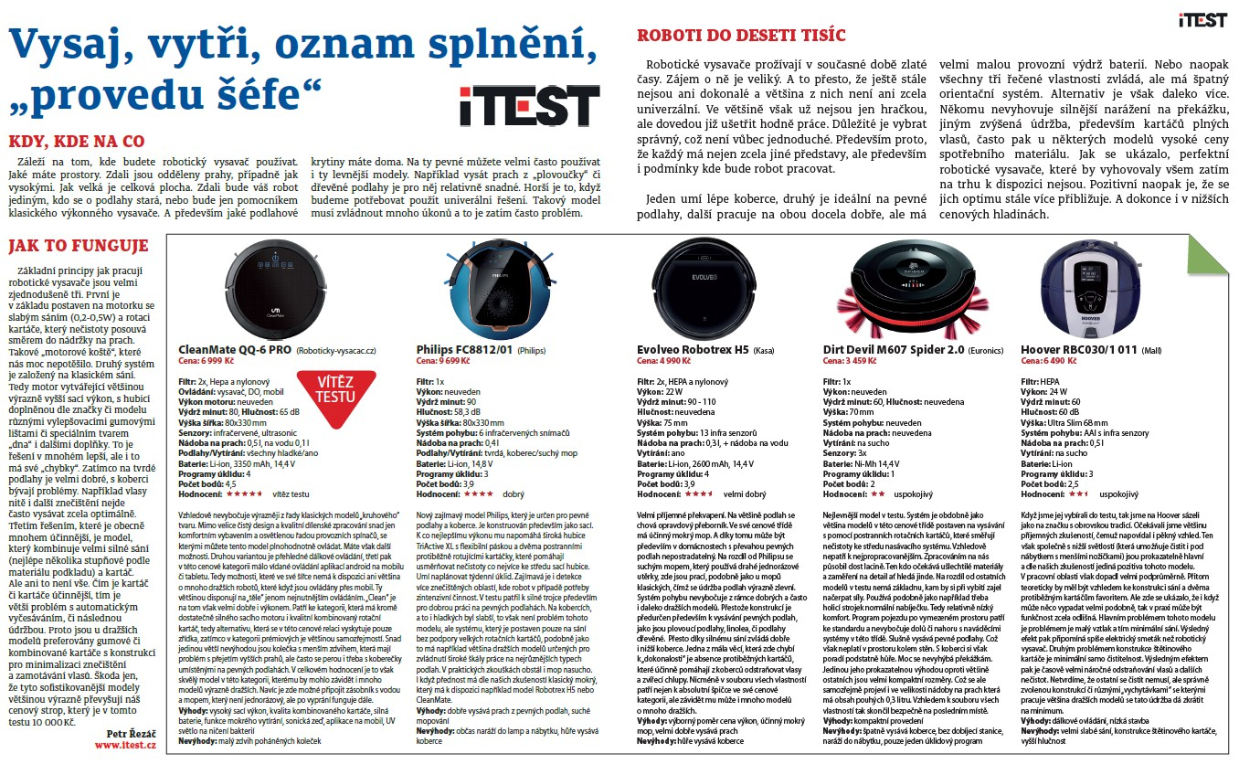 Vítěz testu robotických vysavačů iTest 2018 (v Deníku 2/2018) v kategorii do 10 000 kč
